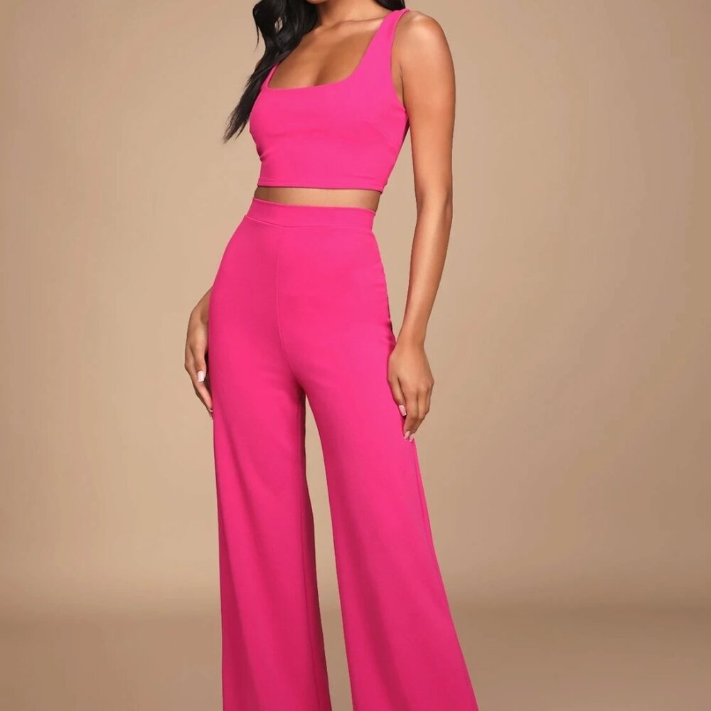 Lulus - Only Tonight Hot Pink Two-Piece Wide-Leg Jumpsuit